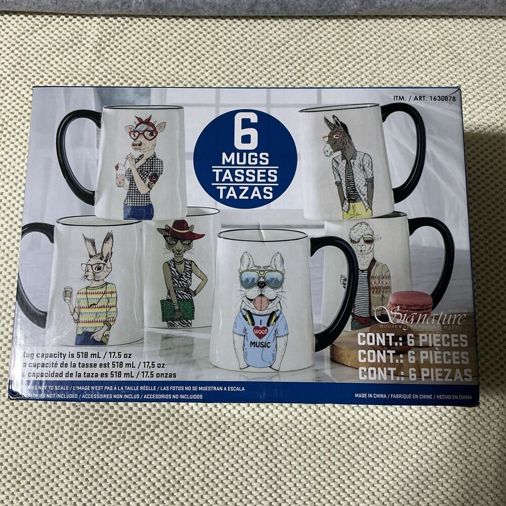 Hipster Animal Coffee Mugs 6pc Set 17.5 oz Stoneware by Signature Housewares